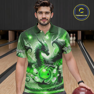 Personalized Green Lights Dragon Mens Bowling Polo, 1/4 Zip Shirt Custom Team Bowling League Jersey NQS10199