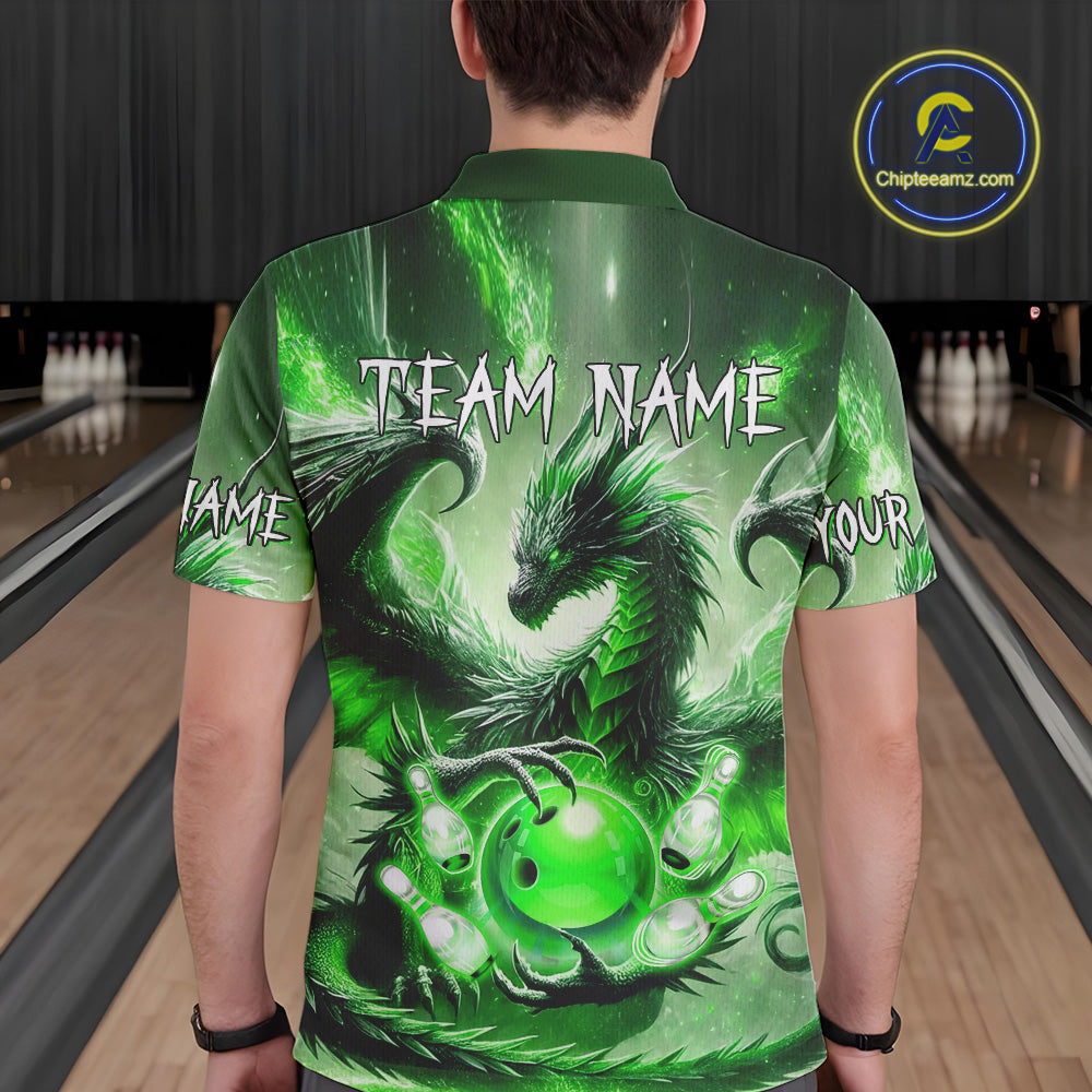 Personalized Green Lights Dragon Mens Bowling Polo, 1/4 Zip Shirt Custom Team Bowling League Jersey NQS10199