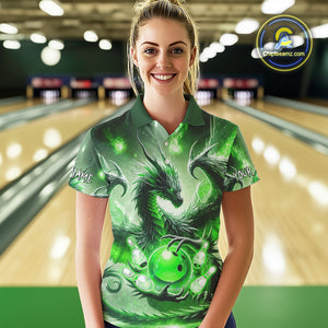 Personalized Green Lights Dragon Women Bowling Polo, 1/4 Zip Shirt Custom Team Bowling League Jersey NQS10199