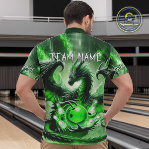 Personalized Green Lights Dragon Mens Bowling Polo, 1/4 Zip Shirt Custom Team Bowling League Jersey NQS10199