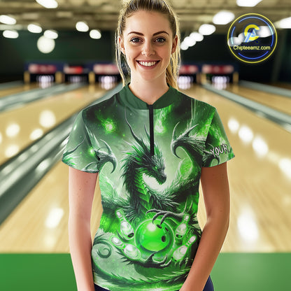Personalized Green Lights Dragon Women Bowling Polo, 1/4 Zip Shirt Custom Team Bowling League Jersey NQS10199