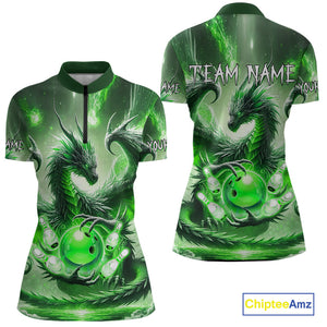 Personalized Green Lights Dragon Women Bowling Polo, 1/4 Zip Shirt Custom Team Bowling League Jersey NQS10199