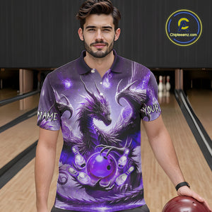 Personalized Purple Lights Dragon Mens Bowling Polo, 1/4 Zip Shirt Custom Team Bowling League Jersey NQS10200