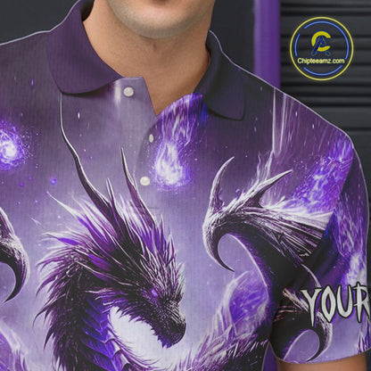 Personalized Purple Lights Dragon Mens Bowling Polo, 1/4 Zip Shirt Custom Team Bowling League Jersey NQS10200
