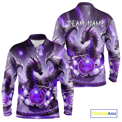 Personalized Purple Lights Dragon Mens Bowling Polo, 1/4 Zip Shirt Custom Team Bowling League Jersey NQS10200