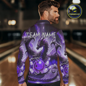 Personalized Purple Lights Dragon Mens Bowling Polo, 1/4 Zip Shirt Custom Team Bowling League Jersey NQS10200