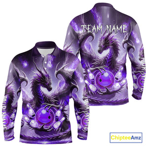 Personalized Purple Lights Dragon Mens Bowling Polo, 1/4 Zip Shirt Custom Team Bowling League Jersey NQS10200