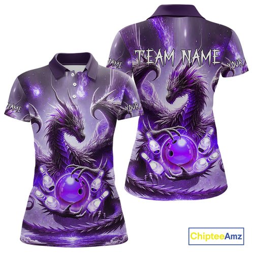 Personalized Purple Lights Dragon Women Bowling Polo, 1/4 Zip Shirt Custom Team Bowling League Jersey NQS10200