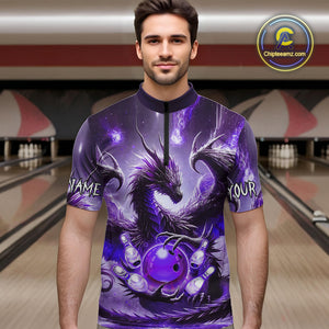 Personalized Purple Lights Dragon Mens Bowling Polo, 1/4 Zip Shirt Custom Team Bowling League Jersey NQS10200