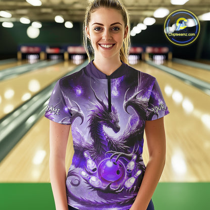 Personalized Purple Lights Dragon Women Bowling Polo, 1/4 Zip Shirt Custom Team Bowling League Jersey NQS10200