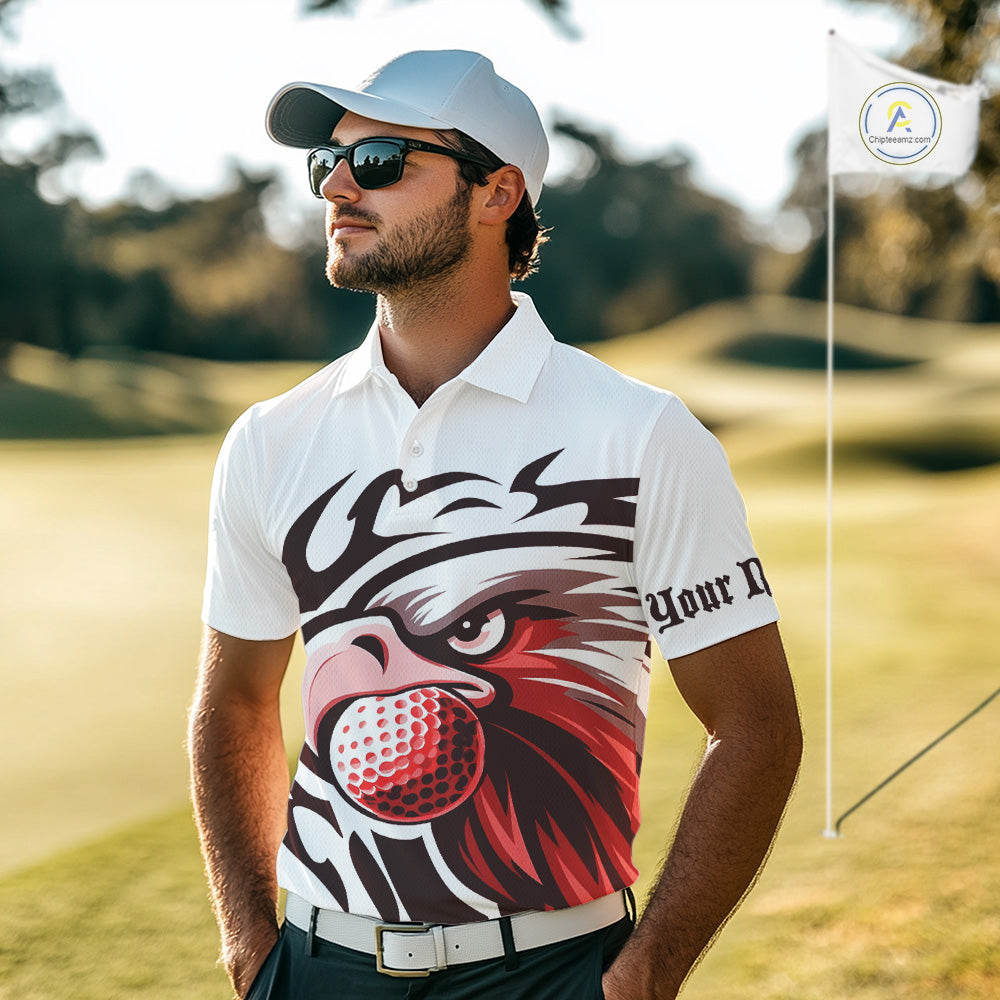 Mens golf polo shirts custom Red Eagle golf ball white golf tops, team golf attire for mens NQS10553