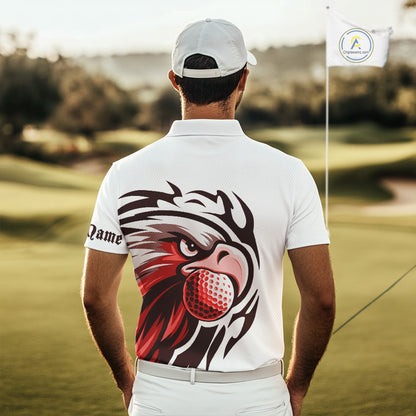 Mens golf polo shirts custom Red Eagle golf ball white golf tops, team golf attire for mens NQS10553