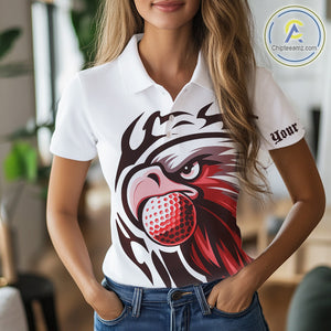 Womens golf polo shirts custom Red Eagle golf ball white golf tops, team golf attire for ladies NQS10553