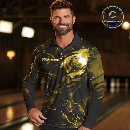 Yellow lightning thunder bowling American flag Eagle custom Mens Bowling Polo, Quarter Zip Shirts NQS10557