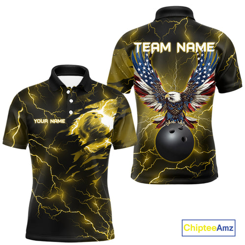 Yellow lightning thunder bowling American flag Eagle custom Mens Bowling Polo, Quarter Zip Shirts NQS10557