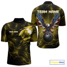 Load image into Gallery viewer, Yellow lightning thunder bowling American flag Eagle custom Mens Bowling Polo, Quarter Zip Shirts NQS10557