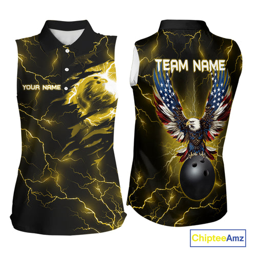 Yellow lightning thunder bowling American flag Eagle custom Women sleeveless Polo Shirt, team jerseys NQS10557