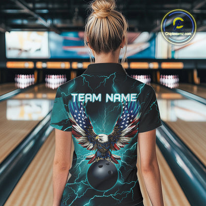 Cyan Blue lightning thunder bowling American flag Eagle custom Womens Bowling Polo, Quarter Zip Shirt NQS10558
