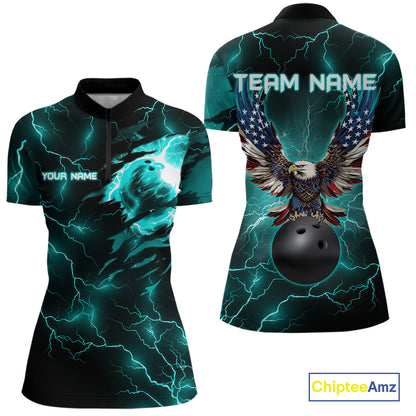 Cyan Blue lightning thunder bowling American flag Eagle custom Mens Bowling Polo, Quarter Zip Shirts NQS10558