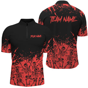 Red and Black Bowling Polo, Quarter zip Shirts For Men custom Skull Halloween bowling team jerseys NQS8593