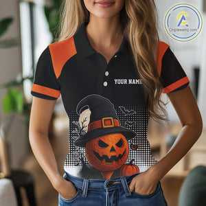 Black and Orange Funny pumpkin Golf Ball Women golf polo shirt Custom Halloween team ladies golf wear NQS10778