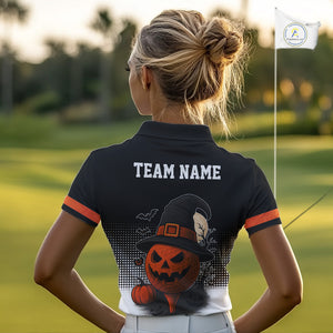 Black and Orange Funny pumpkin Golf Ball Women golf polo shirt Custom Halloween team ladies golf wear NQS10778