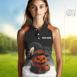 Black & Orange Funny pumpkin Golf Ball Women Sleeveless polo shirt Custom Halloween ladies golf wear NQS10778