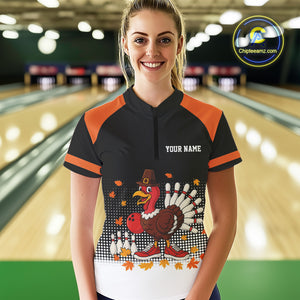 Black and Orange Turkey Bowling Polo, 1/4 Zip Shirt For Women Custom Thanksgiving team Bowling jersey NQS10779