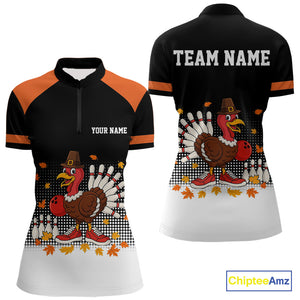 Black and Orange Turkey Bowling Polo, 1/4 Zip Shirt For Women Custom Thanksgiving team Bowling jersey NQS10779