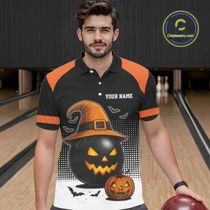 Black and Orange Funny Halloween Bowling Polo, 1/4 Zip Shirts For Men Custom team Bowling jersey NQS10780