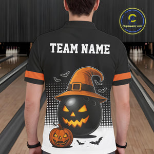 Black and Orange Funny Halloween Bowling Polo, 1/4 Zip Shirts For Men Custom team Bowling jersey NQS10780