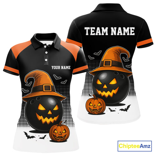 Black and Orange Funny Halloween Bowling Polo, 1/4 Zip Shirts For Women Custom team Bowling jersey NQS10780