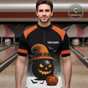 Black and Orange Funny Halloween Bowling Polo, 1/4 Zip Shirts For Men Custom team Bowling jersey NQS10780