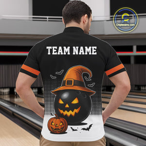 Black and Orange Funny Halloween Bowling Polo, 1/4 Zip Shirts For Men Custom team Bowling jersey NQS10780