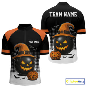 Black and Orange Funny Halloween Bowling Polo, 1/4 Zip Shirts For Men Custom team Bowling jersey NQS10780