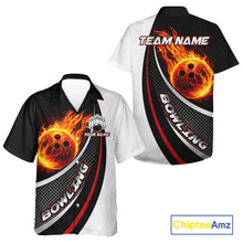Load image into Gallery viewer, Personalized Black &amp; White Red Flame Bowling Team Hawaiian Shirt, Gifts For Bowlers NQS11358