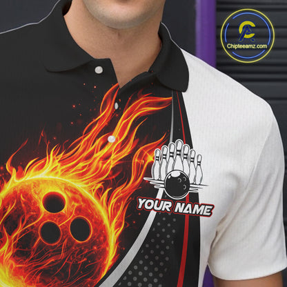 Personalized Black & White Red Flame Bowling Polo, 1/4 zip Team Shirts For Men, Gifts For Bowlers NQS11358