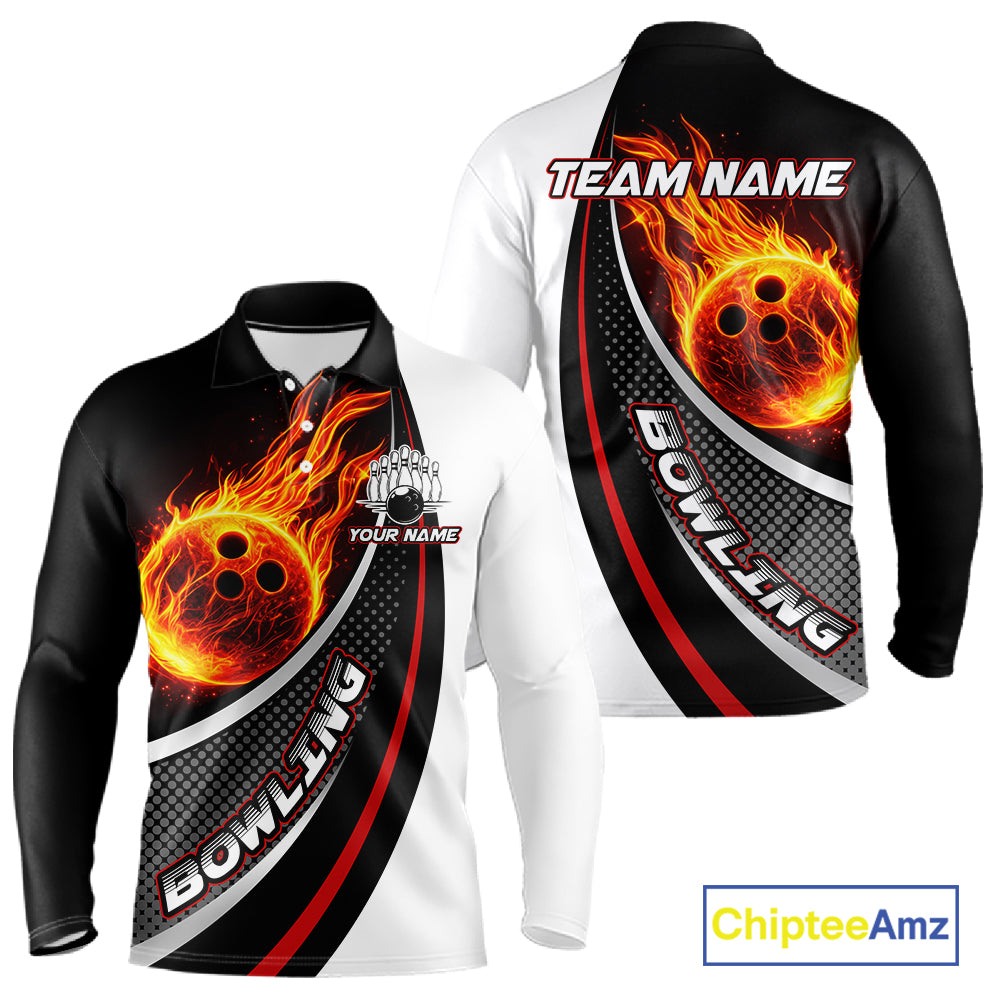 Personalized Black & White Red Flame Bowling Polo, 1/4 zip Team Shirts For Men, Gifts For Bowlers NQS11358