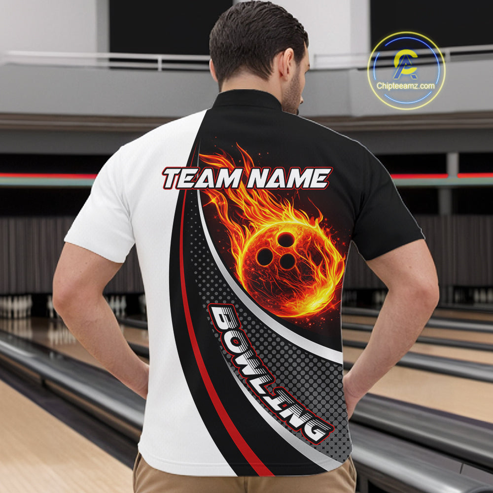 Personalized Black & White Red Flame Bowling Polo, 1/4 zip Team Shirts For Men, Gifts For Bowlers NQS11358