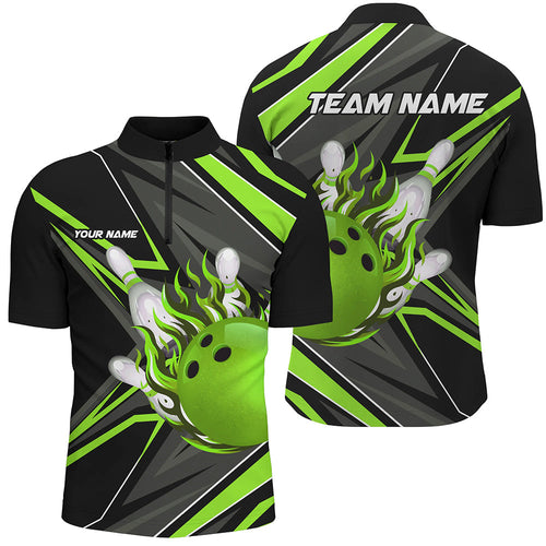 Black and green Men Quarter Zip Bowling Shirt custom Bowling Ball Pins flame bowling jersey for Bowler NQS7386