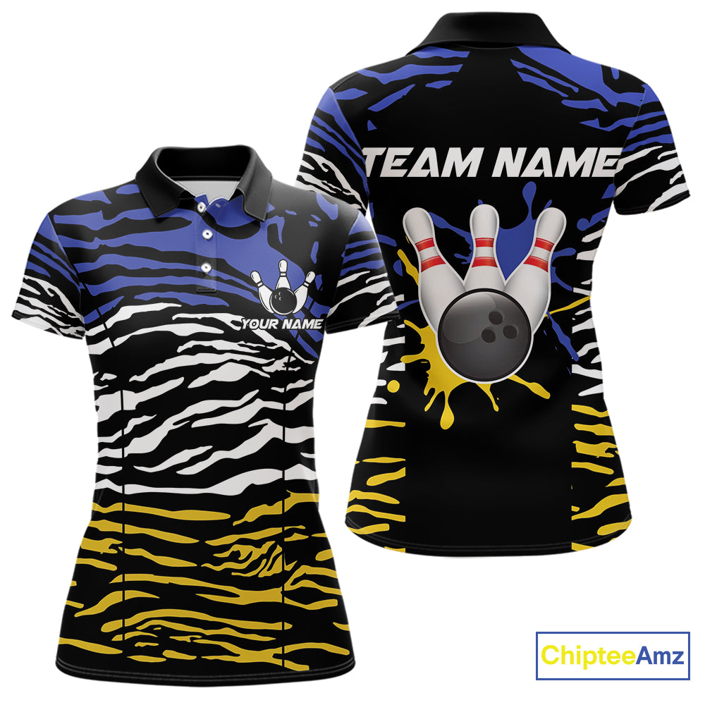 Blue, Yellow and White Tiger Skin Pattern Bowling Shirts For Women Custom Bowling Team jerseys NQS9803