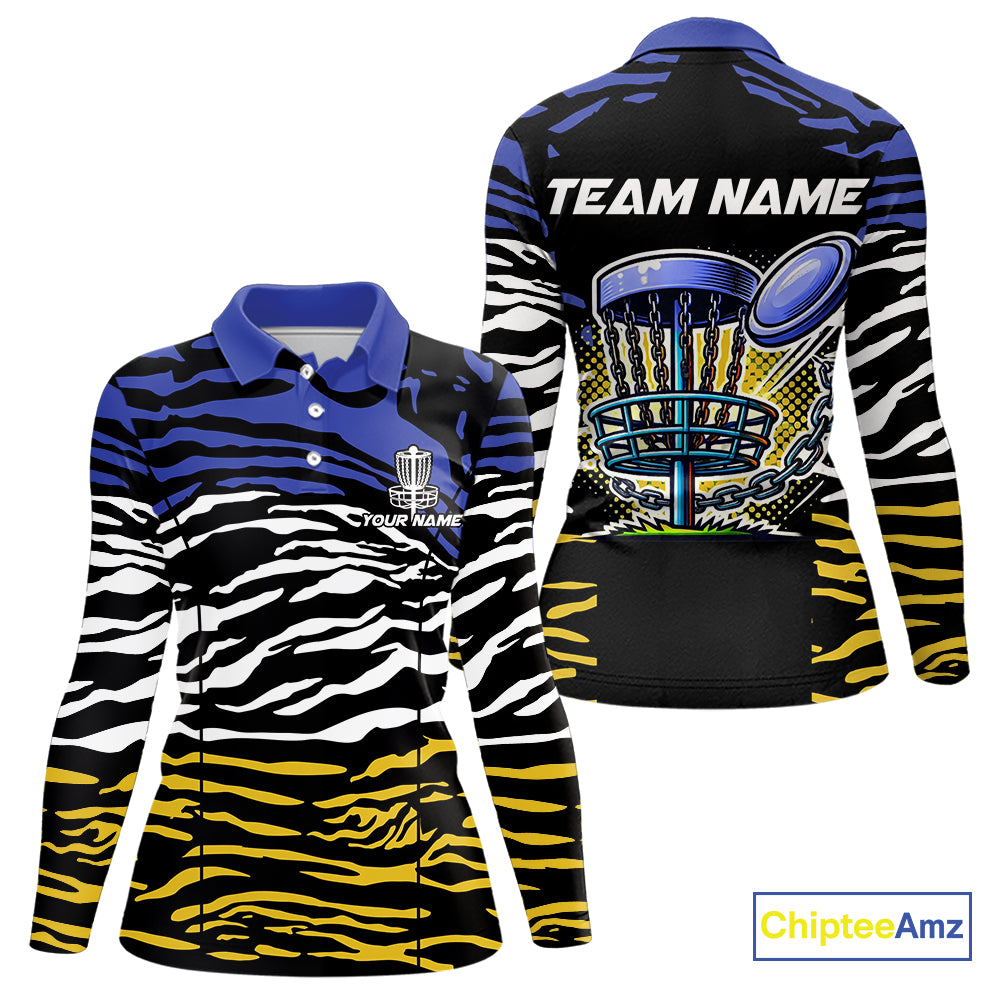 Blue, Yellow and White Tiger Skin Pattern Women Disc golf polo shirts Custom team disc golf jerseys NQS9804