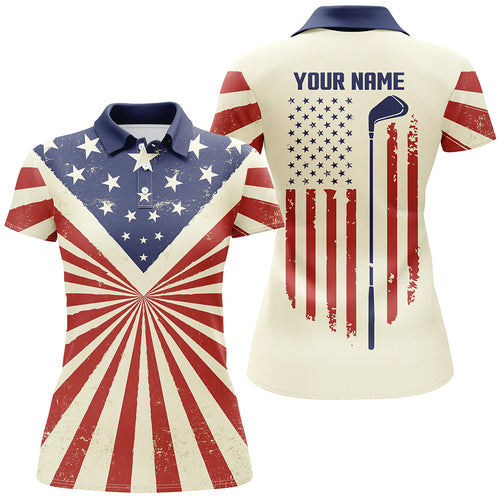 Vintage American flag patriotic Womens golf polo shirt custom golf tops for ladies patriotic golf gift NQS5377