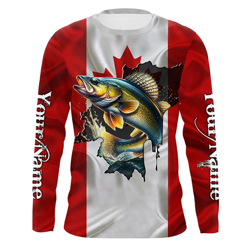 Walleye fishing shirts Canadian flag patriot UV protection Customize name long sleeves fishing shirts NQS7572