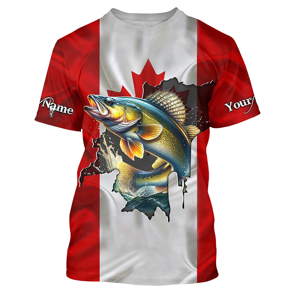 Walleye fishing shirts Canadian flag patriot UV protection Customize name long sleeves fishing shirts NQS7572