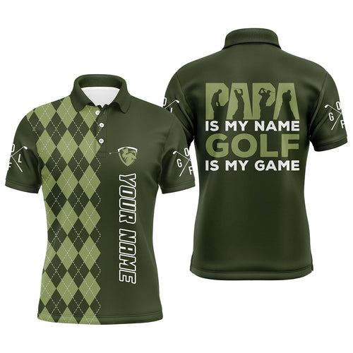 Mens golf polo shirt custom green argyle pattern papa is my name golf is my game golf shirts for dad NQS5605