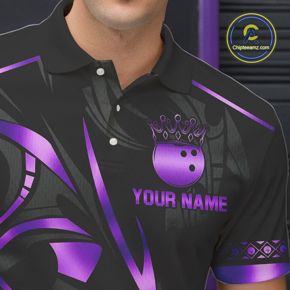 Black and Purple crown Bowling ball Polo, Quarter Zip Shirts for Men Custom Bowling Team jerseys NQS10046