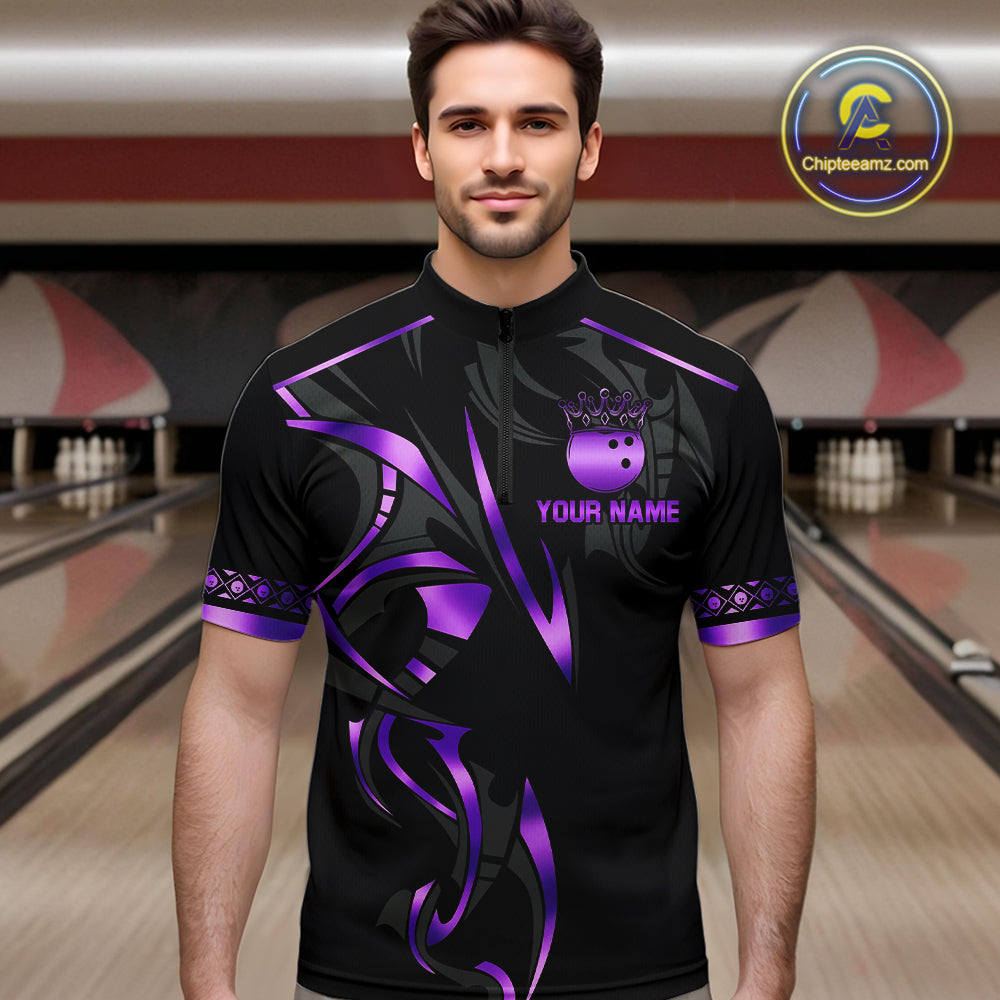 Black and Purple crown Bowling ball Polo, Quarter Zip Shirts for Men Custom Bowling Team jerseys NQS10046