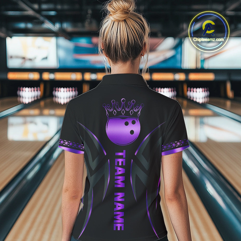Black and Purple crown Bowling ball Polo, Quarter Zip Shirts for Women Custom Bowling Team jerseys NQS10046