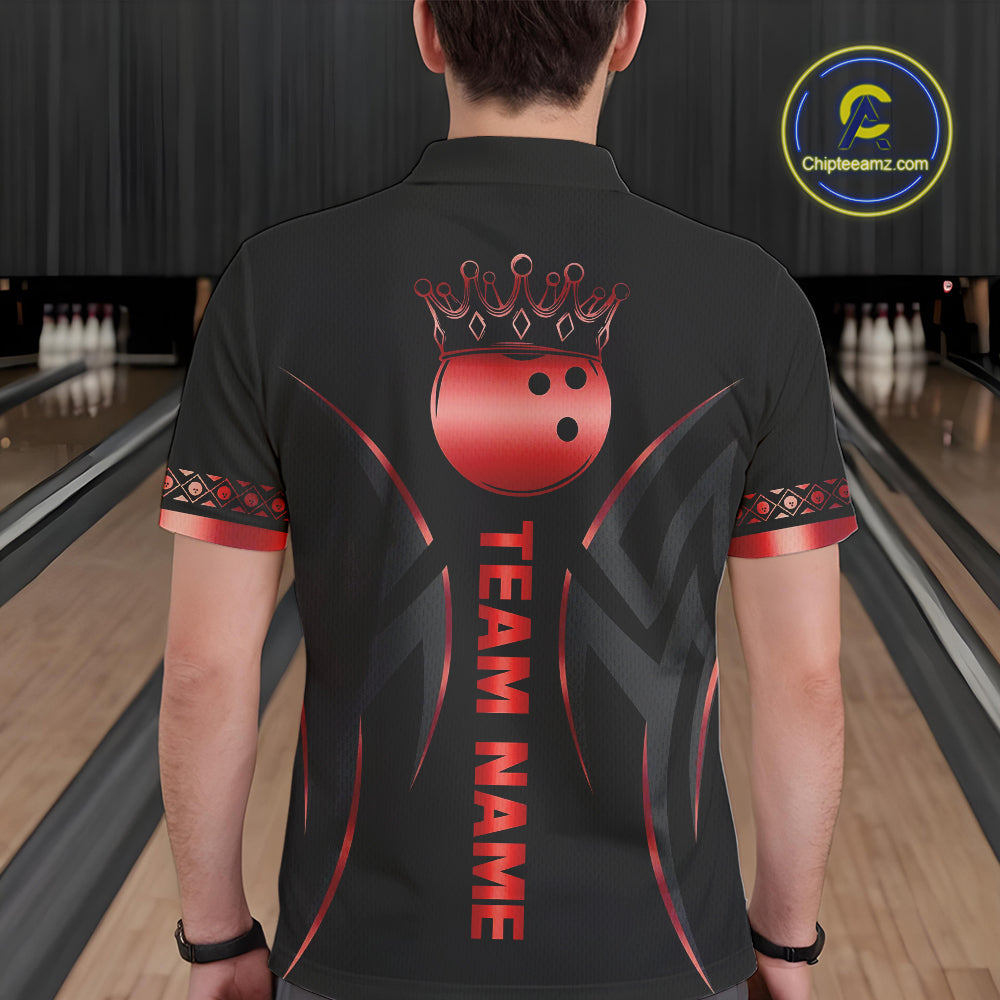 Black and Red crown Bowling ball Polo, Quarter Zip Shirts for Men Custom Bowling Team jerseys NQS10047